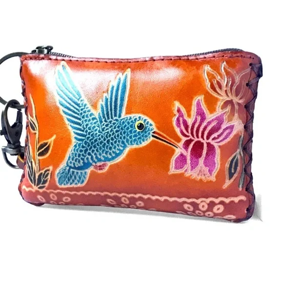 1 LEFT! Genuine Leather Handmade Handcrafted Hummingbird Wristlet Pouch - Picture 2 of 4